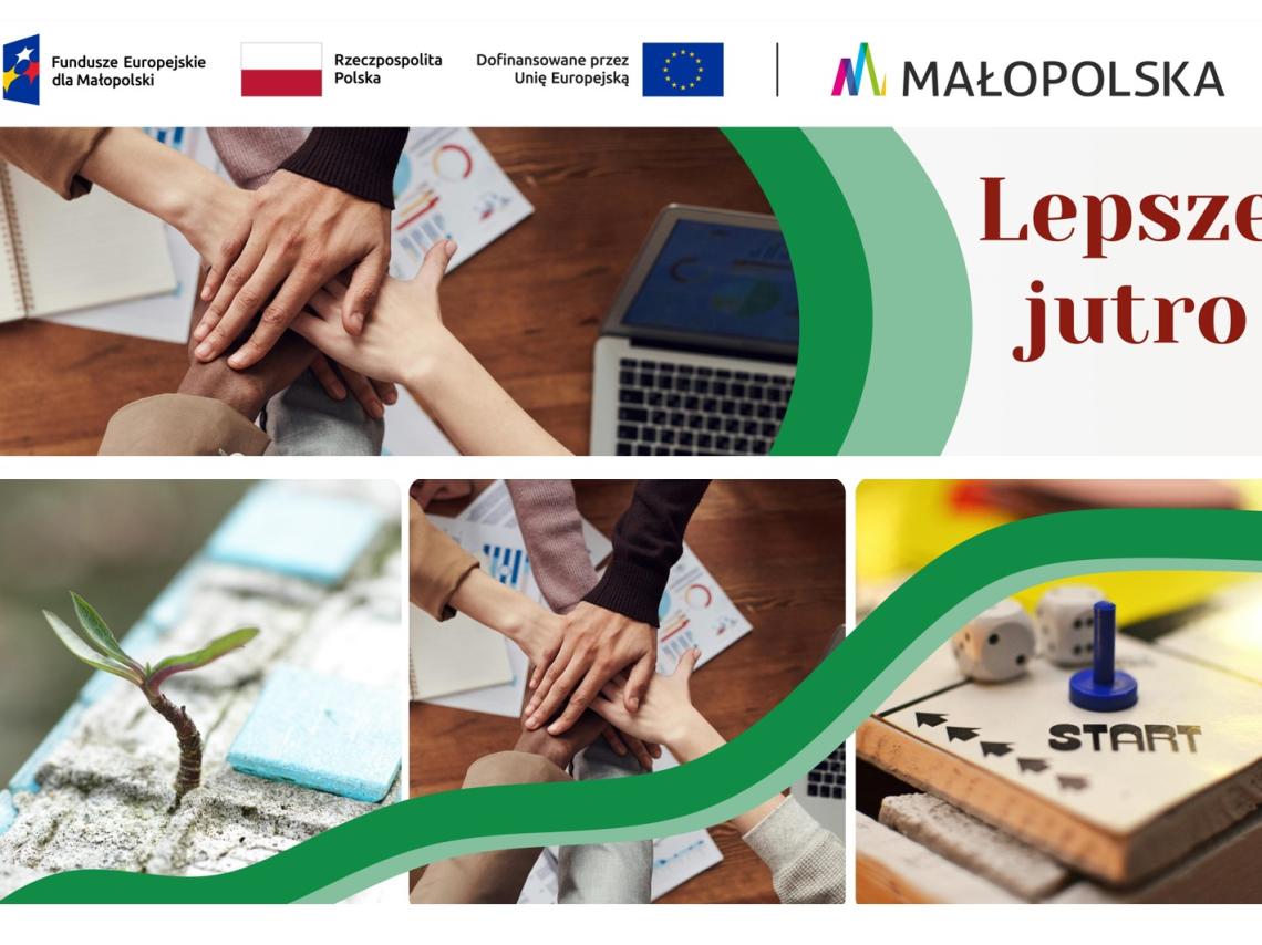 logotypy unijne, logo województwa małopolskiego, lokaż zdjęć przedstawiający ręce