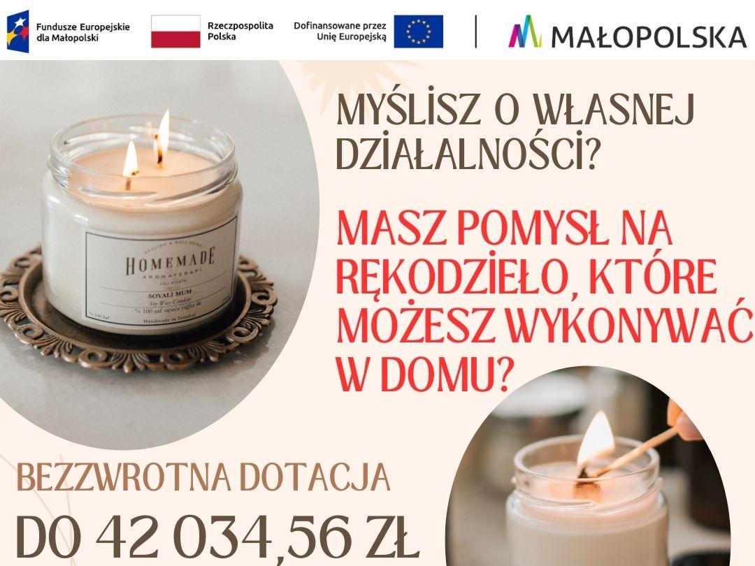 dwie świece zapalone z informacją o otrzymaniu dotacji na własna firmę