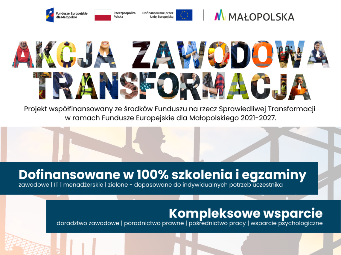 plakat darmowe szkolenia w projekcie Akcja Zawodowa Transformacja